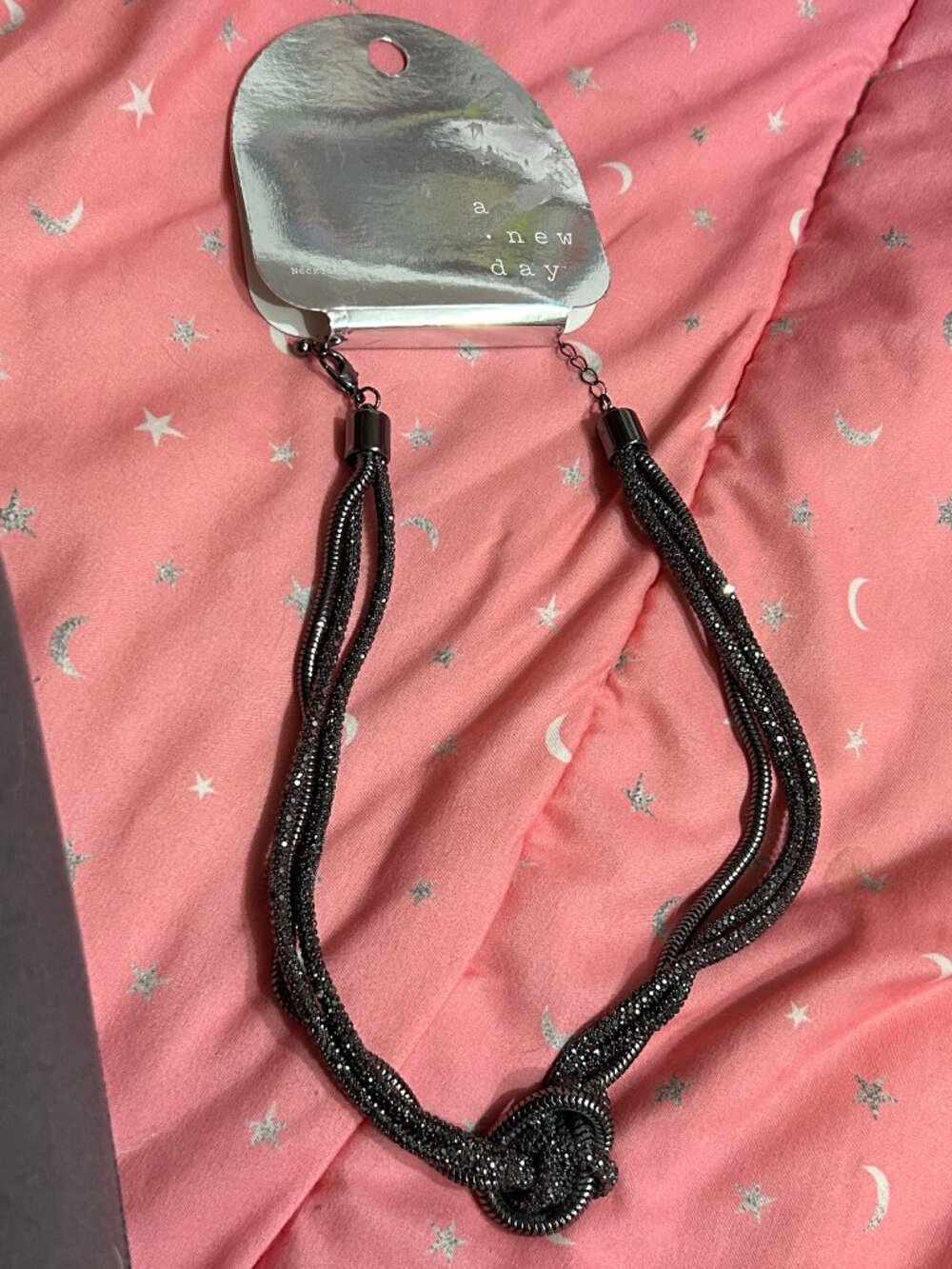 A New Day NWT Gunmetal Rhinestone Knotted Multi-Strand Statement Necklace